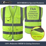 JKSafety 9 Pockets Class 2 High Visibility Zipper Front FAA Drone Pilot Safety Vest With Reflective Strips, HQ Breathable Mesh,Meets ANSI/ISEA Standards(Large, Drone-Yellow)